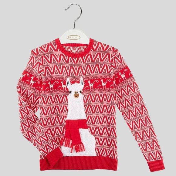 Adult Unisex Ugly Christmas Llama Print Pullover Sweater Xmas Party Red/White - Picture 1 of 7